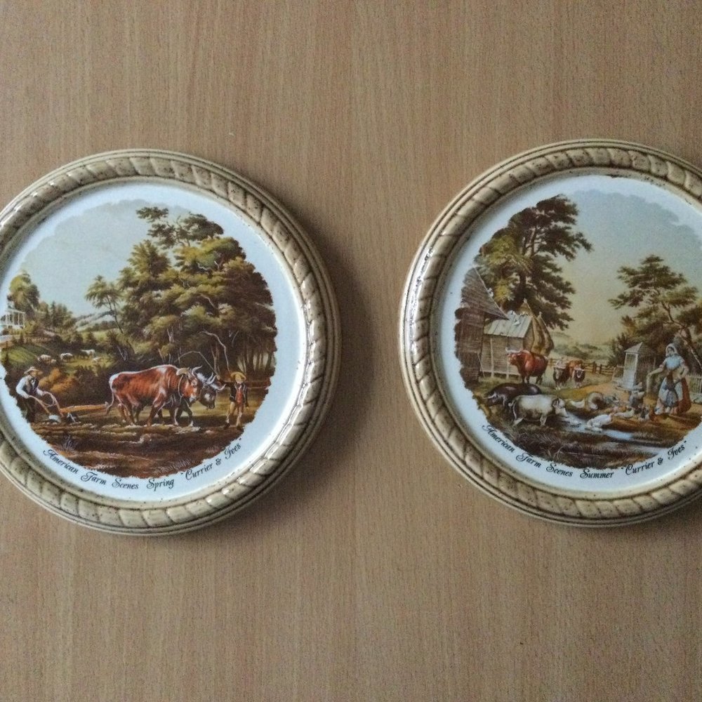 2 Vintage plates American farm scene Spring & Summer currier & Ives signed Joan